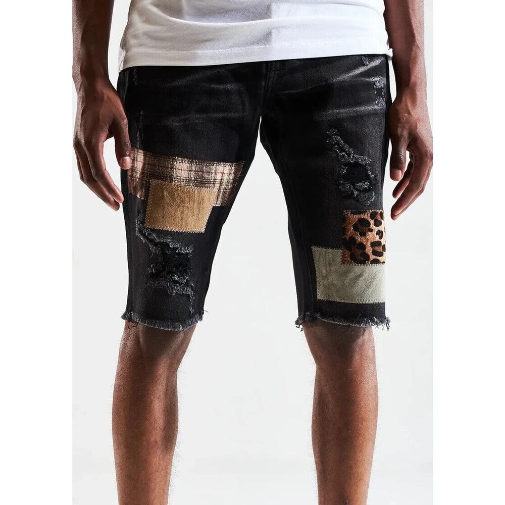 Crysp Denim Men's Distressed Rip & Repair Patch Skinny Fit Denim Jean Shorts